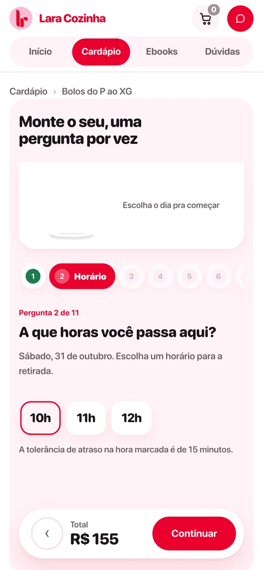 Tela da agenda, escolhendo a hora da retirada